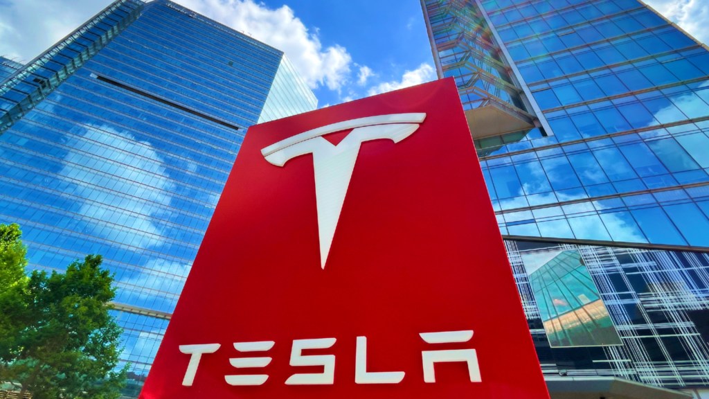 The Tesla logo is pictured at its headquarters on July 3, 2021 in Beijing, China.