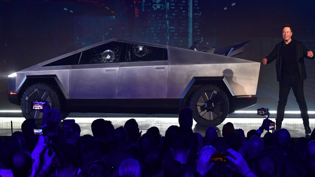 A silver Tesla Cybertruck. 