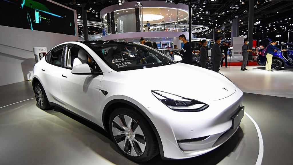 A Tesla Model Y car is on displayed during the 19th Shanghai International Automobile Industry Exhibition.