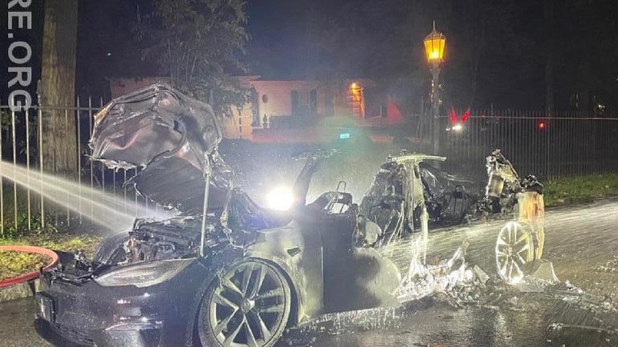 The burned remains of a 2021 Tesla Model S Plaid.