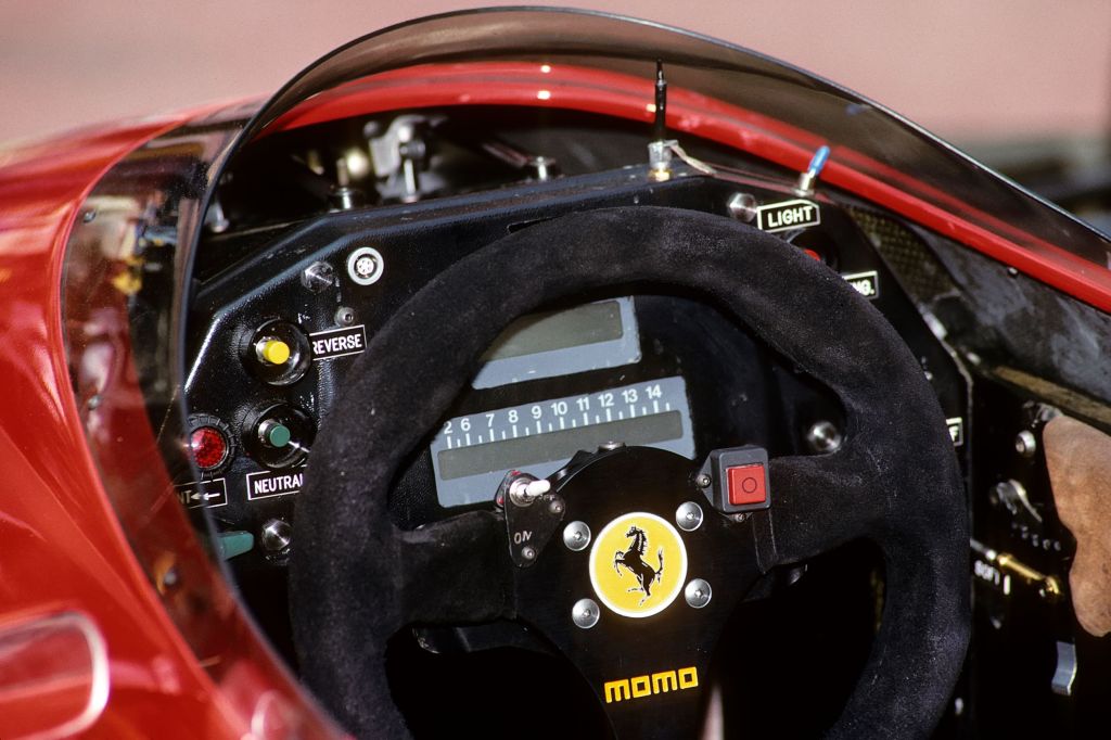 The Ferrari Type 640 F1 car's steering wheel and dashboard at the 1989 Monaco Grand Prix