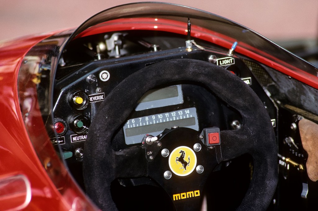 The Ferrari Type 640 F1 car's steering wheel and dashboard at the 1989 Monaco Grand Prix