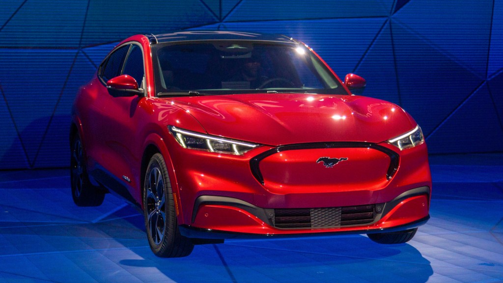The electric red Ford Mustang Mach-E is shown at AutoMobility LA on November 21, 2019 in Los Angeles, California.