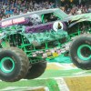 The Grave Digger flying over a dirt mound in front of the 50,000 strong crowd in Rotterdam, July 2016.