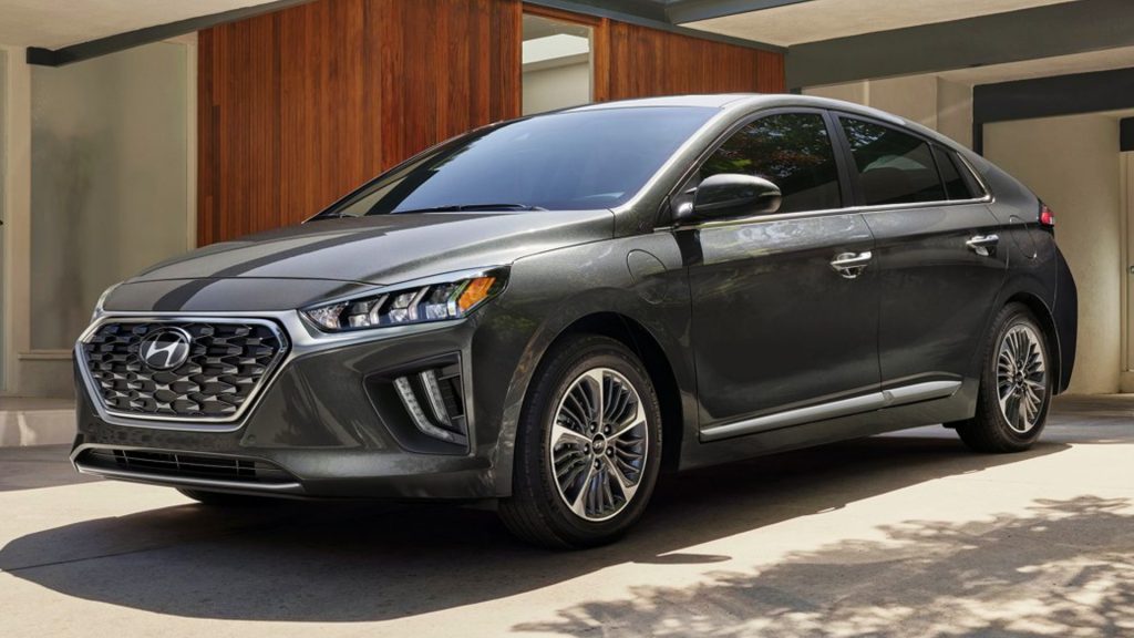 A gray 2021 Hyundai Ioniq Plug-in Hybrid. 