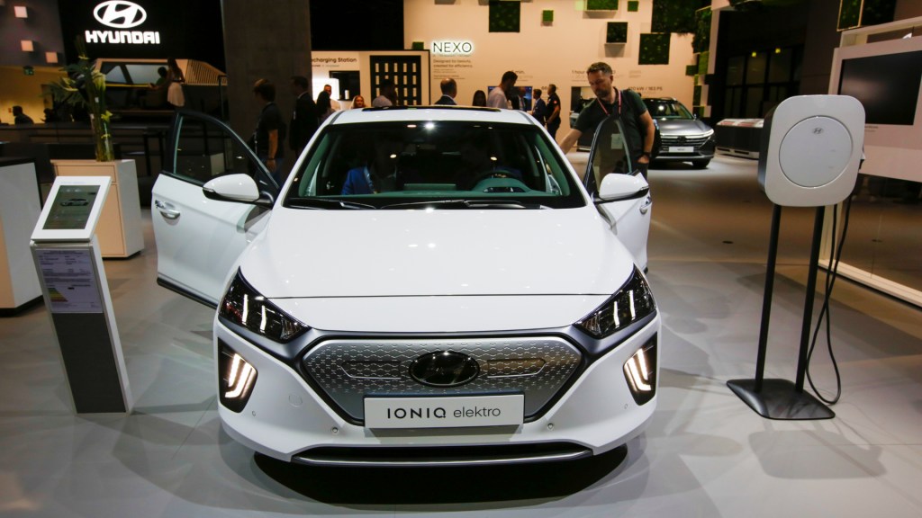 The South-Korean car manufacturer Hyundai displays the Hyundai Ioniq electric at the 2019 Internationale Automobil-Ausstellung (IAA).