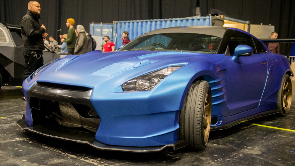 A blue Nissan GTR used on screen by Paul Walker in Furious 7. 