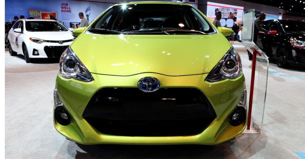 A green Toyota Prius c is on display at the 108th Annual Chicago Auto Show at McCormick Place in Chicago, Illinois on February 19, 2016.