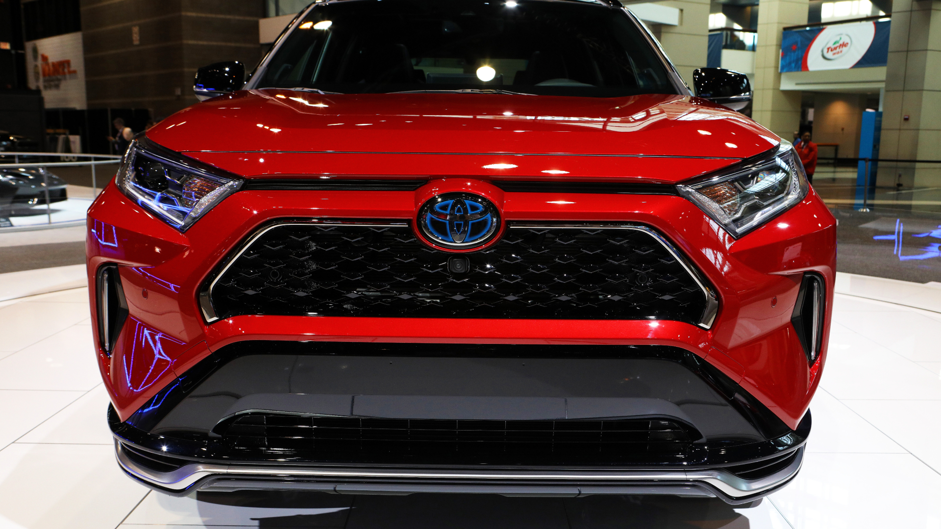 A red Toyta RAV 4 Prime at the 112th Annual Chicago Auto Show at McCormick Place in Chicago, Illinois.