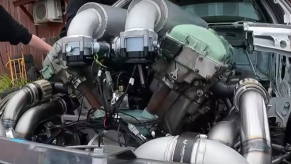 Twin turbo V12 tank engine detail in Ford Crown Vic