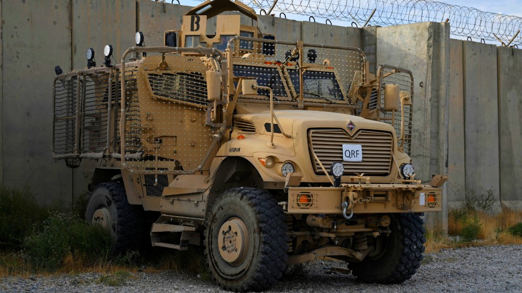 A mine resistant ambush protection vehicle.