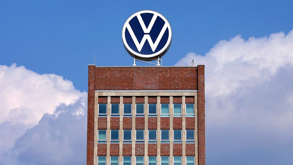 The logo of German carmaker Volkswagen (VW) is pictured on the roof of the company's headquarters in Wolfsburg, northern Germany, on March 26, 2021.
