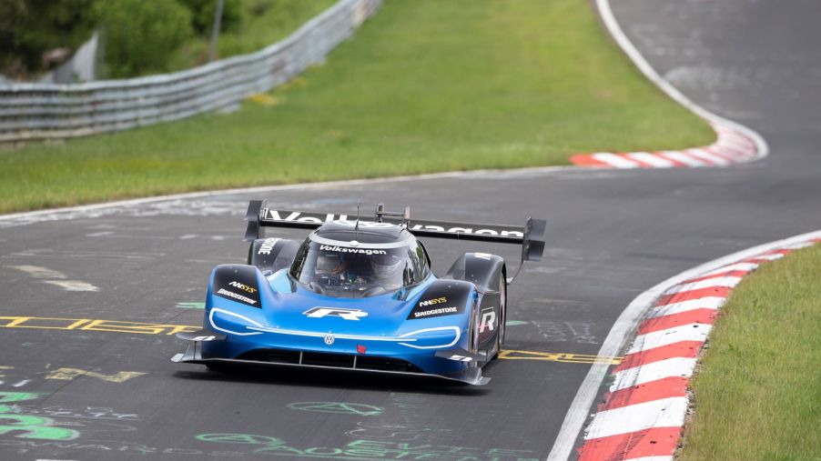 The Volkswagen ID. R electric race car driving on a race track