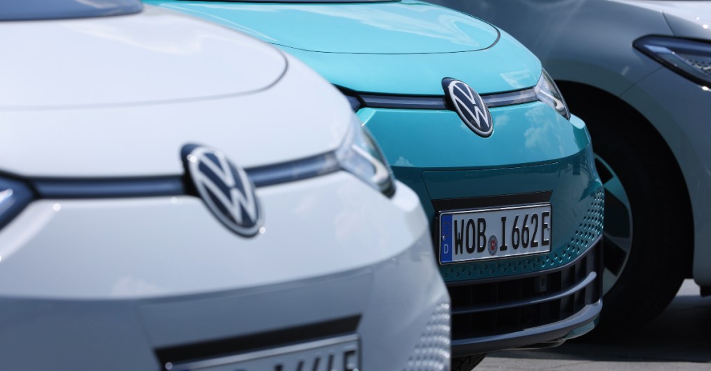 Volkswagen ID.3 electric cars stand on display outside the "Gläserne Manufaktur".