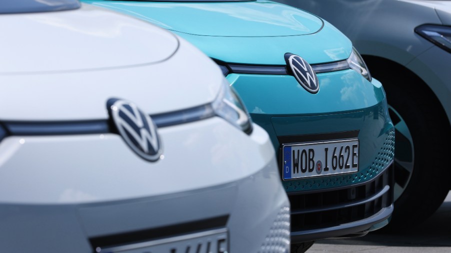 Volkswagen ID.3 electric cars stand on display outside the "Gläserne Manufaktur".