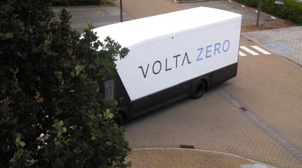 A Volta Zero electric truck rounds a corner.