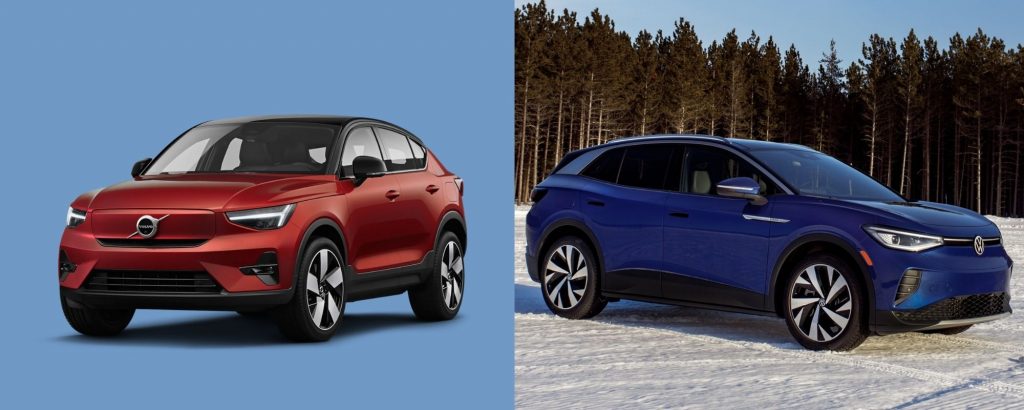 The 2022 Volvo C40 Recharge and the 2021 Volkswagen ID.4 EV SUV models