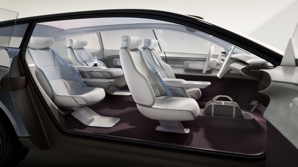 The maroon-and-gray interior of the Volvo Concept Recharge