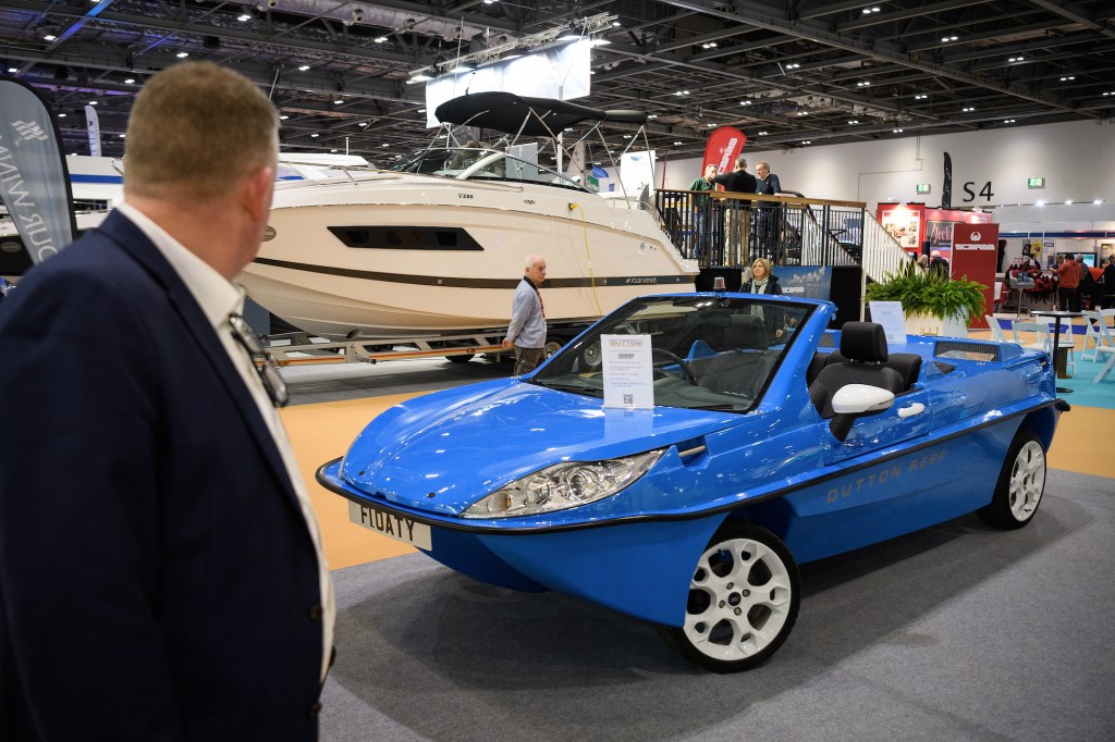 A Dutton Reef amphibious car on display at the London Boat Show on January 10, 2018, in London, England