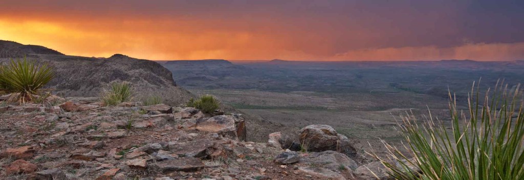 the desert landscape surrounding Marfa, Texas at sunset 