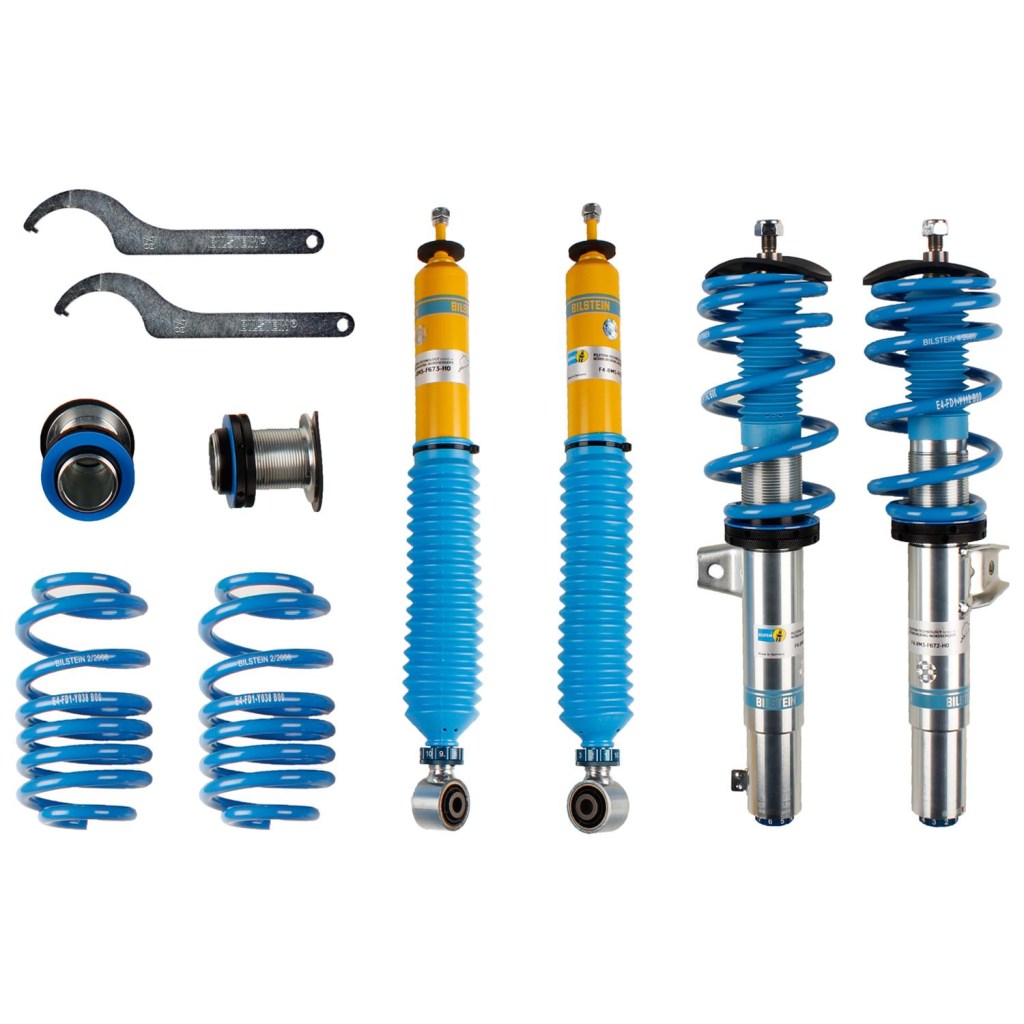 A set of blue and yellow Bilstein coilovers