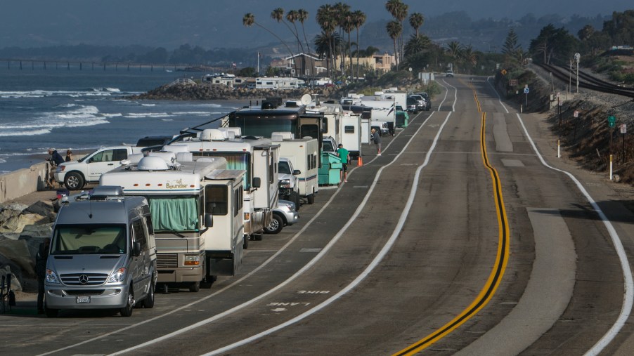 Campers parked along Pacific Coast Highway during Memorial Day weekend in 2015 near Santa Barbara, California