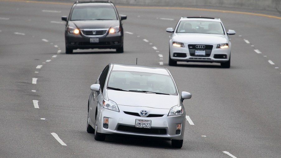 A Toyota Prius drives along Highway 101 on November 30, 2010, in Sausalito, California. Toyota issued a recall for 650,000 Prius hybrids to repair cooling pumps that could fail and cause the vehicle to overheat and lose power.