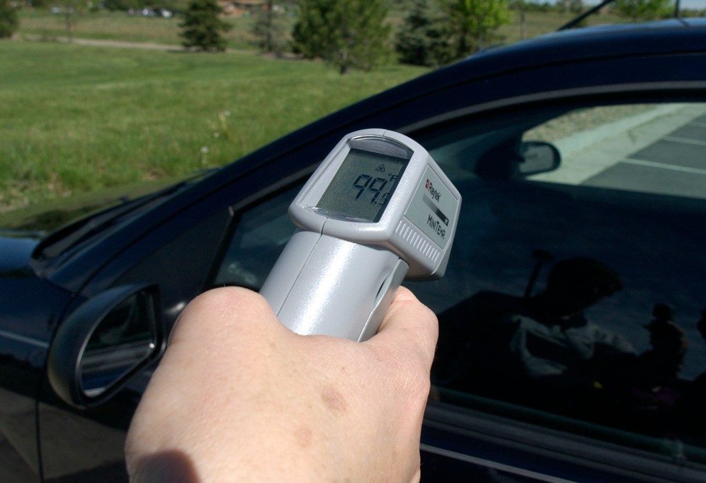 A man takes the interior temperature of a car. 