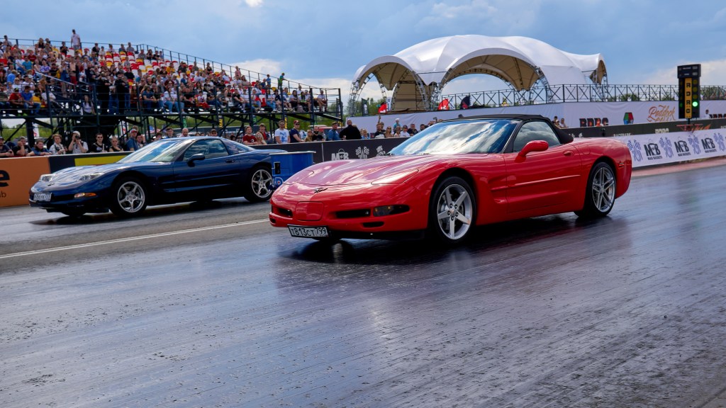 Corvettes racing on the track during the event