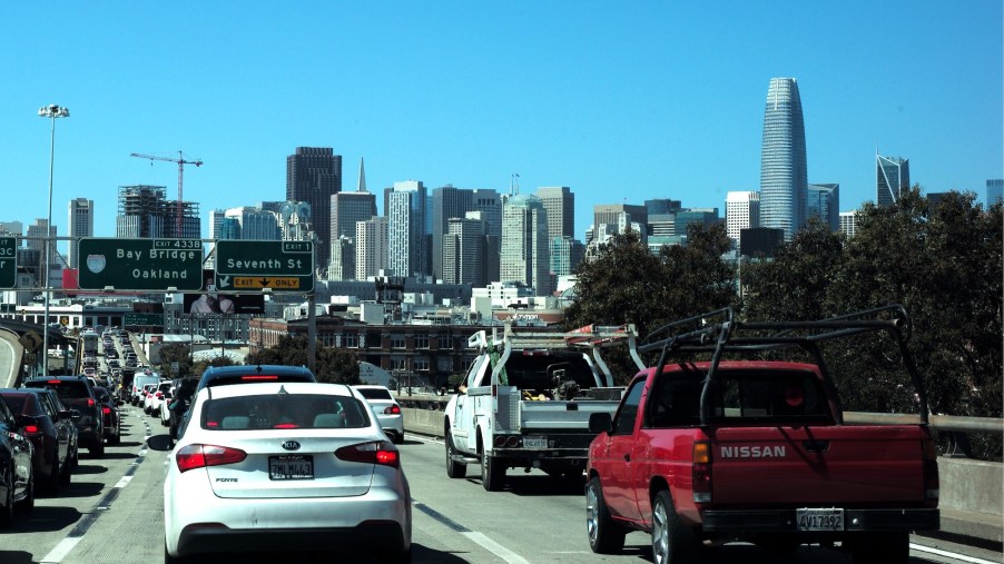 Cars idle in traffic on an expressway to San Francisco, California on June 15, 2021