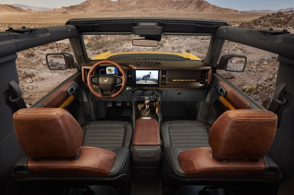 The leather-bathed interior of a new Ford Bronco