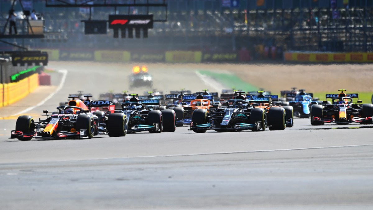 Max Verstappen leads the field for the first ever sprint race at Silverstone.