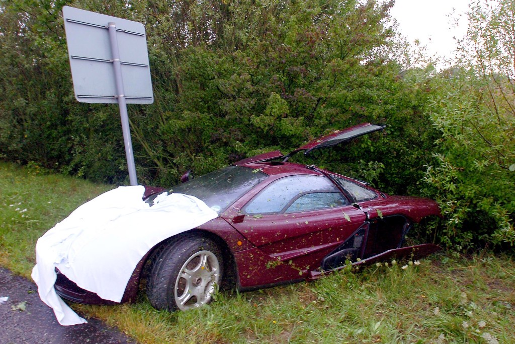 A wrecked McLaren F1 supercar