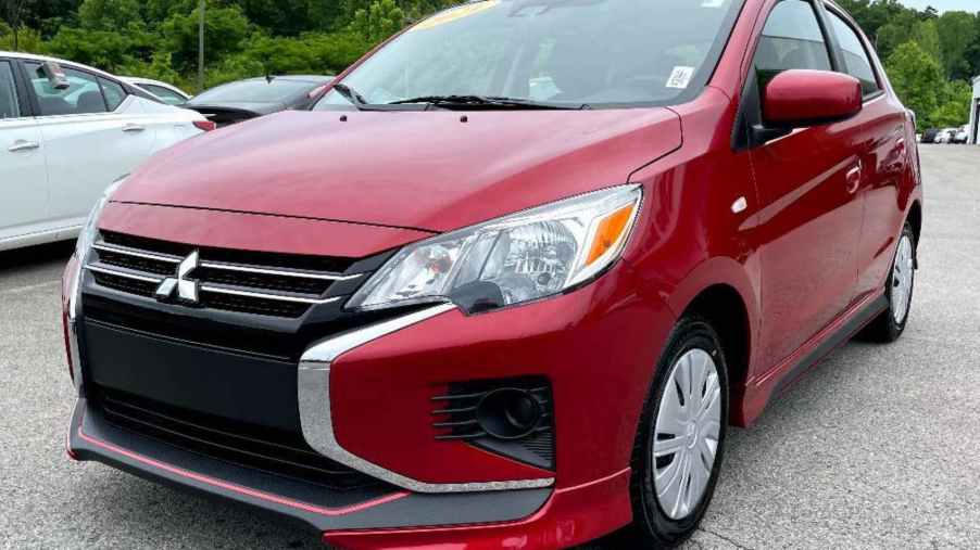 The 2021 Mitsubishi Mirage is one of the least expensive new cars on the market but this red one is marked up to nearly $25k due to car shortage