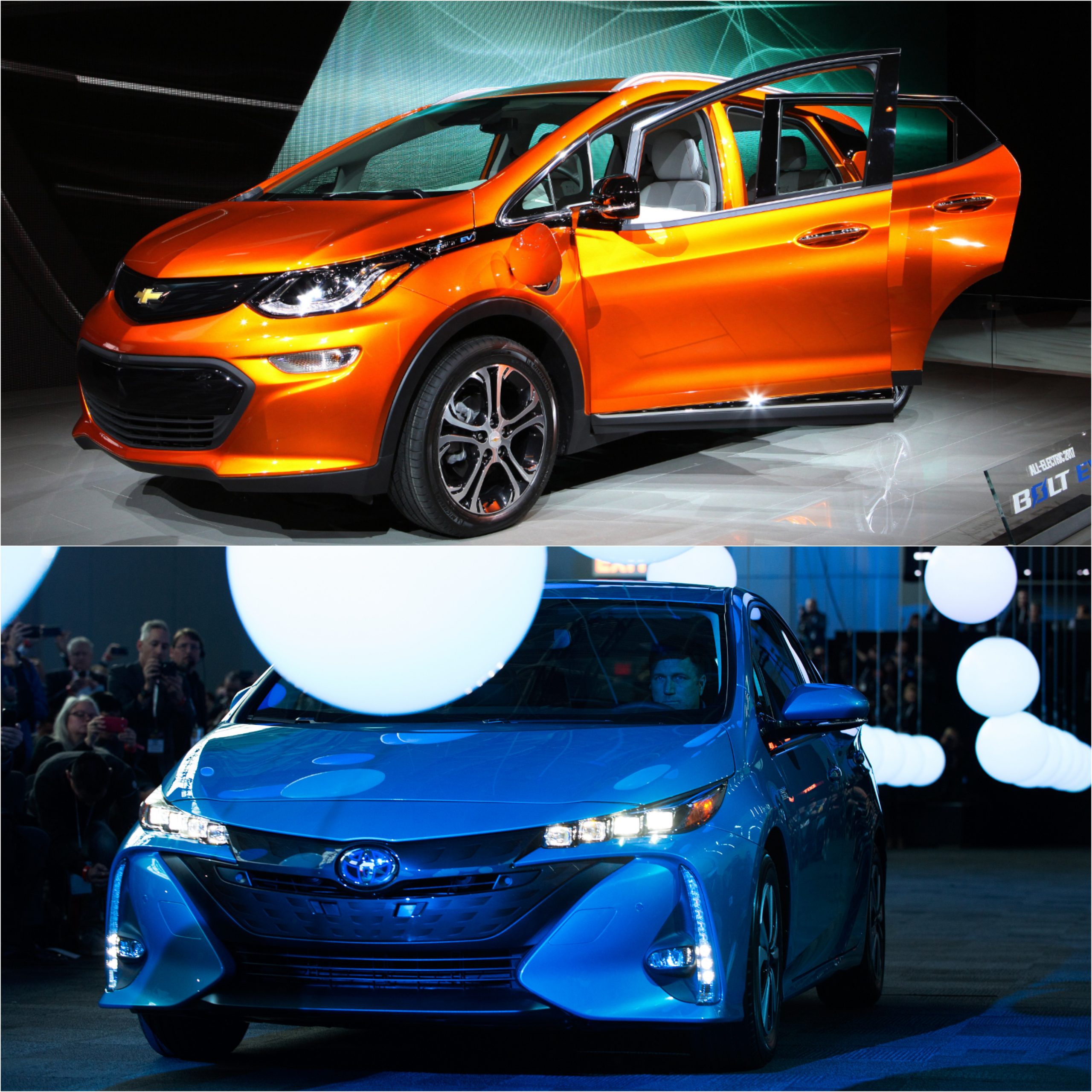 A top to bottom comparison of an orange 2021 Chevy Bolt and a blue 2021 Prius Prime