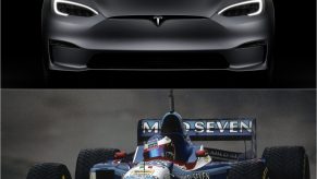 A grey Tesla Model S in the dark (top) and the Benetton B197 on the track (bottom)