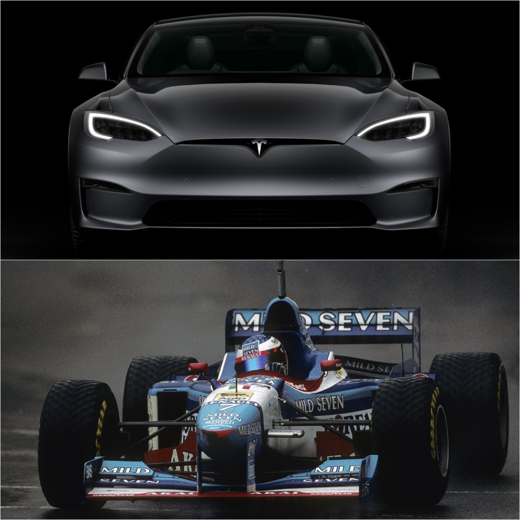 A grey Tesla Model S in the dark (top) and the Benetton B197 on the track (bottom)