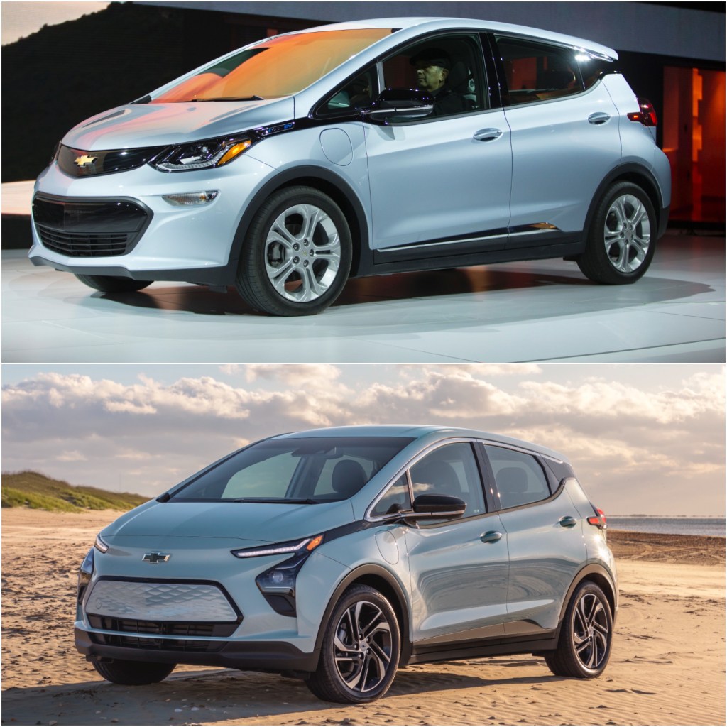 Grey 2021 Chevy Bolt on display (Top) and Grey 2022 Chevy Bolt on the beach.