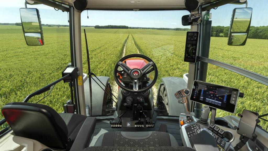 the interior view of the operator's station in a new MF 8S tractor