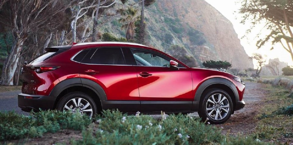 The back of a 2021 Mazda CX-30 sitting in a field.