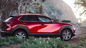 The back of a 2021 Mazda CX-30 sitting in a field.
