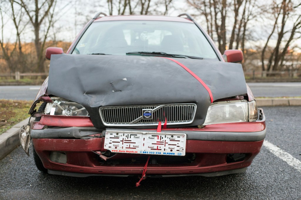 An old Volvo was damaged after a car accident.