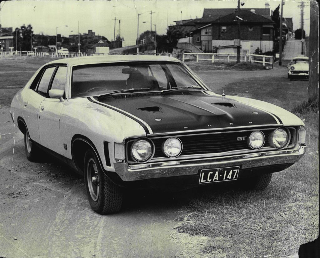 A black-and-white photo of a 1972 Ford Falcon GT 351