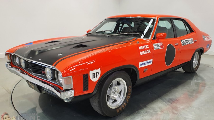 The liveried red-and-black 1972 Ford Falcon XA GTHO Phase IV prototype