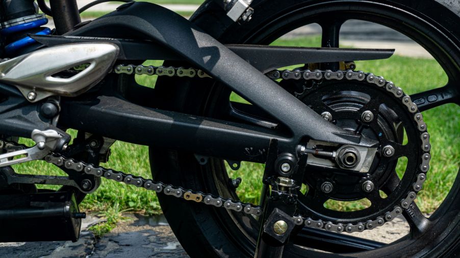 The clean chain on a 2012 Triumph Street Triple R motorcycle