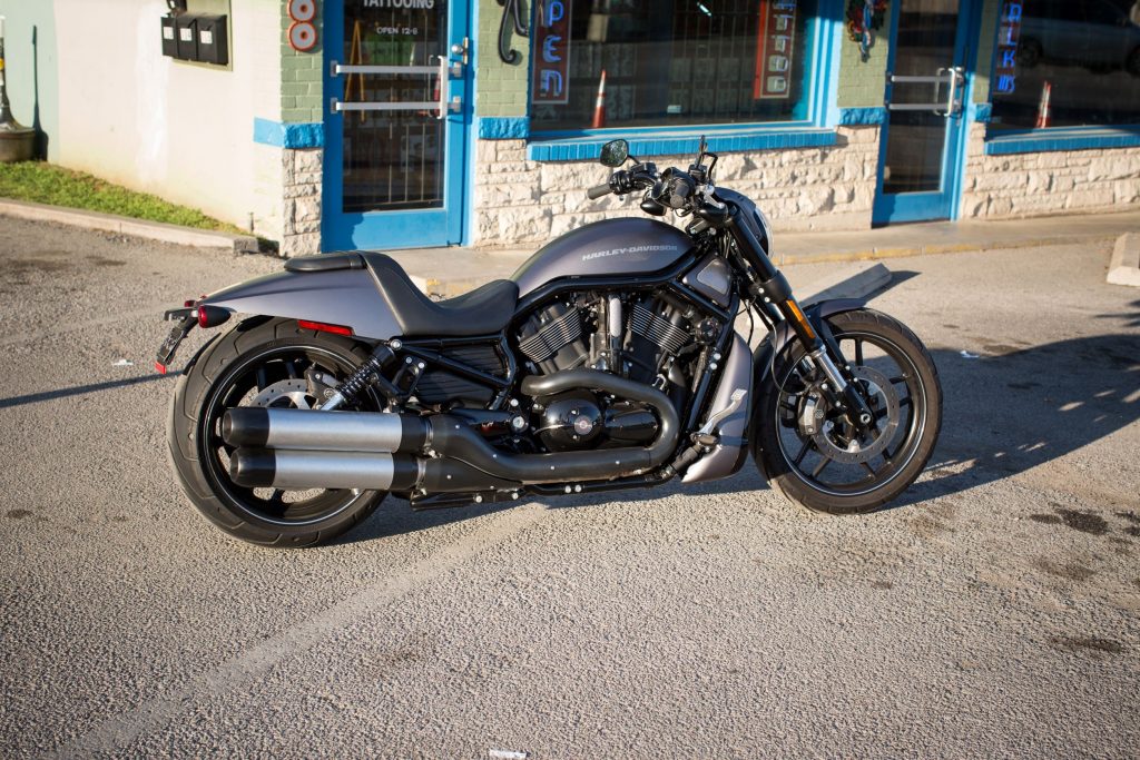 The side view of a gray 2017 Harley-Davidson V-Rod Night Rod Special on a city street