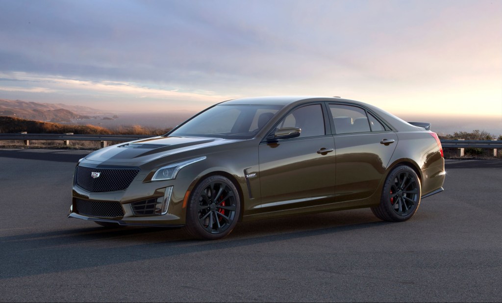 A brown 2019 Cadillac CTS-V Pedestal Edition on a mountainside road