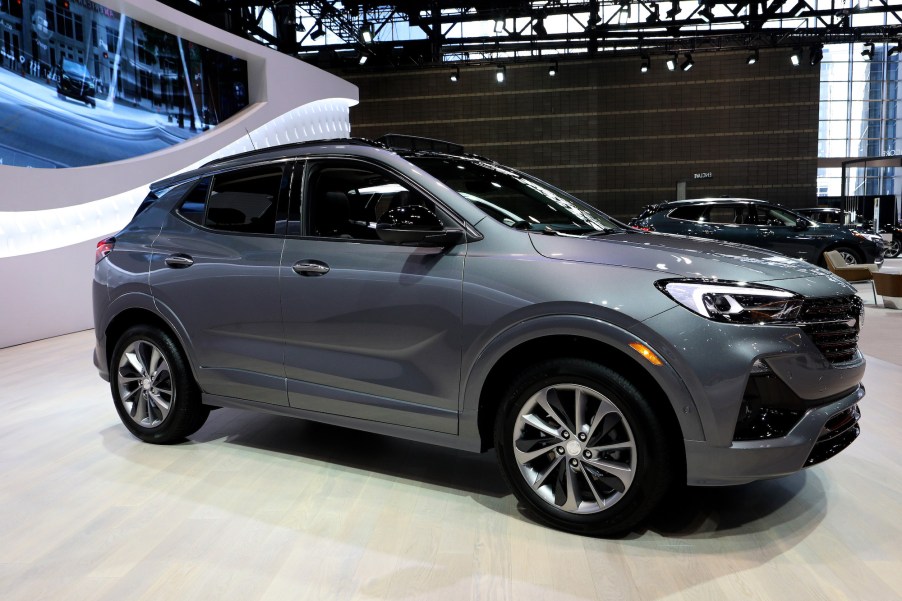 A bluish gray metallic 2020 Buick Encore GX on display at the Chicago Auto Show in February 2020