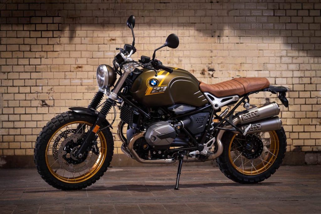 2021 BMW R Nine T Scrambler in green and brown with gold wheels