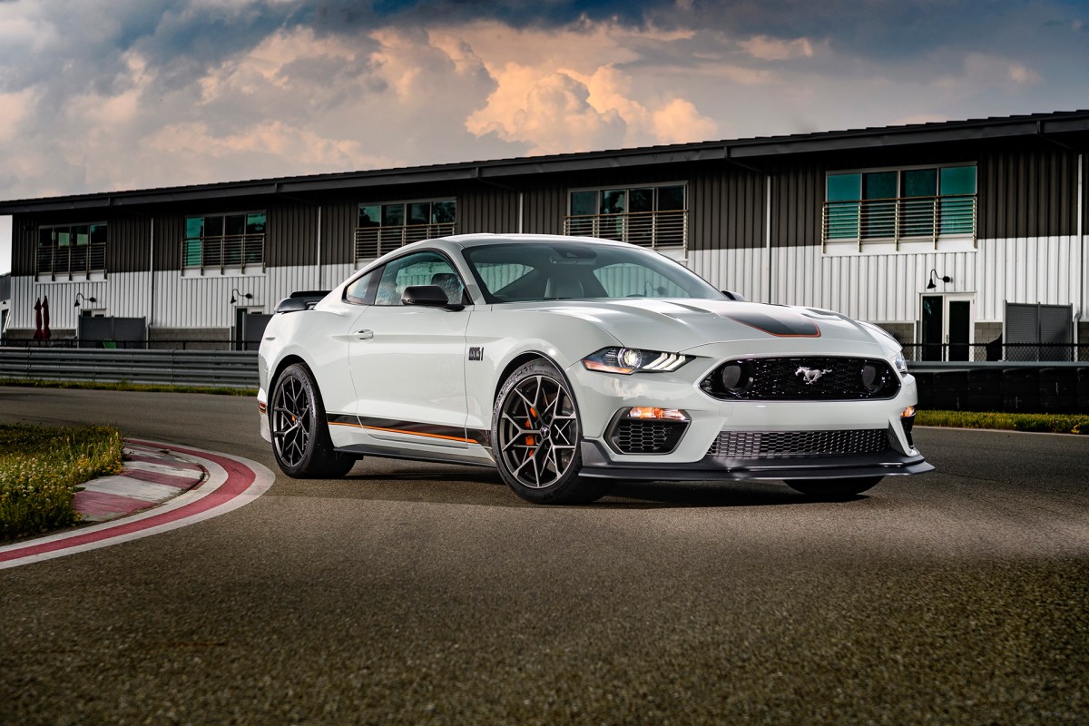 2021 Ford Mustang Mach-1 equipped with limited edition graphics,, front and rear spoilers and alloy wheels.